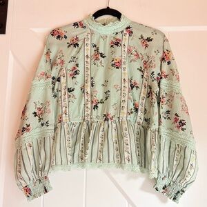Hemant & Nandita Floral Lace Trim Peplum Blouse Anthropologie Boho Top S